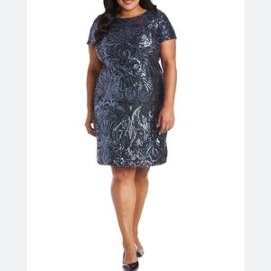 R&M RICHARDS Womens Blue/Silver Sequined Short Sleeve Round Neck Sheath Dress